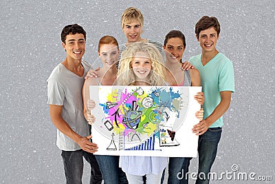 Portrait of friends holding billboard with graphs against gray background Stock Photo