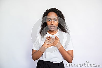 Portrait of frightened young woman breathing sigh of relief Stock Photo