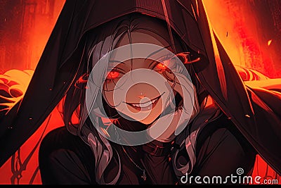 portrait of a frightening evil woman with red glowing eyes in a nun costume in anime style Stock Photo