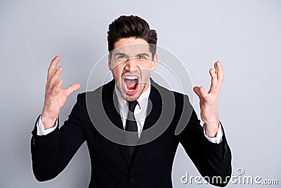 Portrait frustrated nervous entrepreneur economist ceo specialist argue rage crazy scandal exhausted shout scream yell Stock Photo