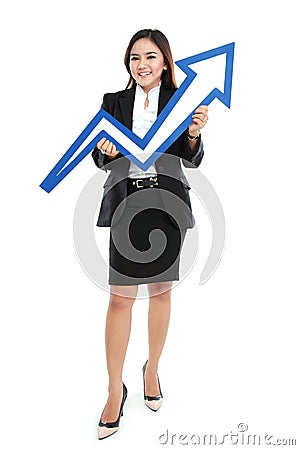 Portrait of full lenght beautiful woman holding chart arrow sign Stock Photo