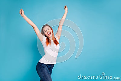 Portrait funny content lady raise hands arms scream yeah celebrate aims goals luck fortune lottery close eyes delighted Stock Photo