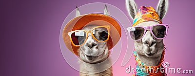 Portrait of funny couple two llamas ready for summer vacations wearing sun hats and sunglasses looking at camera. Stock Photo