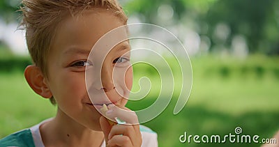 Portrait of funny eating boy on summer picnic. Child laugh on camera close up. Stock Photo