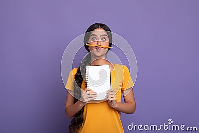 Funny indian lady holding pen as moustache over purple wall Stock Photo