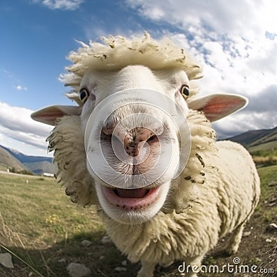 Portrait of Funny laughing sheep. eco farming concept, 360 degrees panoramic camera, AI generative Stock Photo