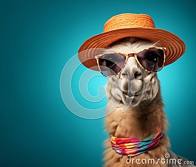 Portrait of funny llama ready for summer vacations wearing straw hat and sunglasses with surprised expression Stock Photo