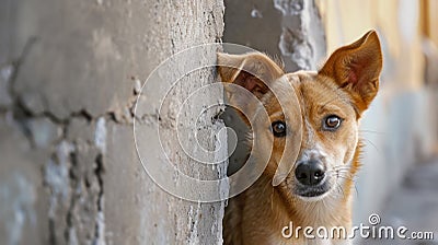 Portrait funny puppy dog peeking out from behind a wall Stock Photo