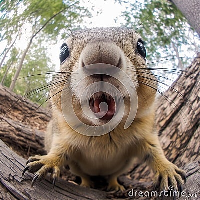 Portrait of Funny squirrel in the forest. 360 degrees panoramic camera, AI generative Stock Photo