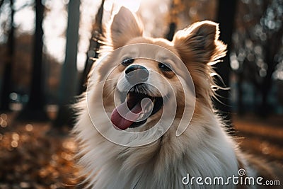 portrait of furry friend with wagging tail and tongue hanging out, in the park Stock Photo