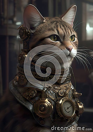 Portrait of a futuristic steampunk cat. A cyberpunk cat in the future in a fantasy world. Cartoon Illustration