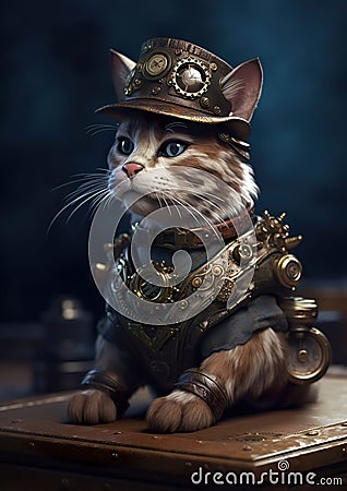 Portrait of a futuristic steampunk cat. A cyberpunk cat in the future in a fantasy world. Cartoon Illustration