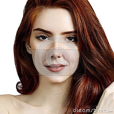 Portrait of ginger female face before and after rejuvenation. Stock Photo