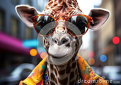 Portrait of giraffe wearing glasses. Glamorous fashion concept. Unreal and futuristic. AI generated Stock Photo