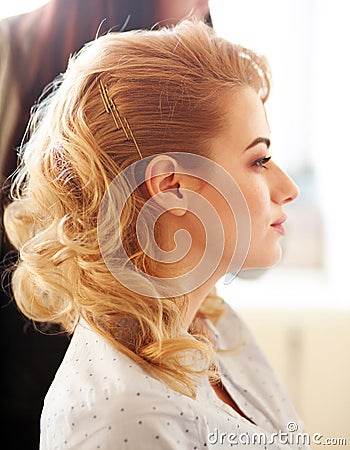 Portrait girl doing haircut in hairdressing salon, beauty makeup Stock Photo