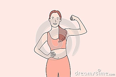 Portrait of girl doing yoga looking at camera smiling and showing muscles Vector Illustration