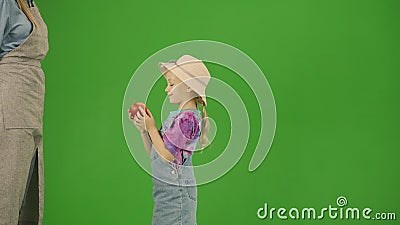 Portrait of girl in dress and rubber boots on chroma key green screen. Small cute girl gardener holding ripe red apple Stock Photo