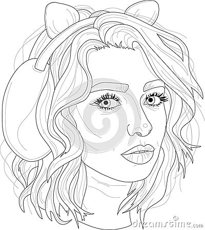 Portrait of a girl with earmuffs with cat ears in black and white. Vector Illustration