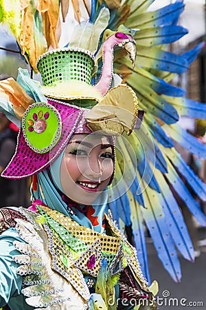 Portrait of a girl with fantasy costume at West Java Folk Arts Festival. Editorial Stock Photo