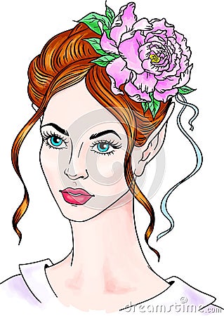 Portrait of a girl with a flower in her hair. Beautiful woman with a peony in her hair. Hairstyle with peonies Cartoon Illustration