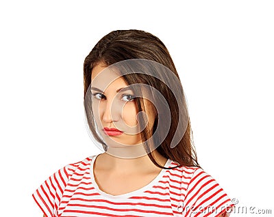 Portrait of girl frown her face in displeasure. emotional girl isolated on white background Stock Photo