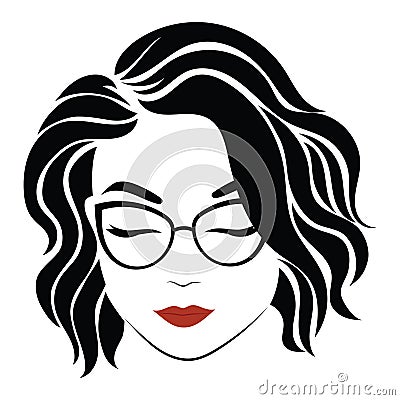 Portrait of a girl with glasses. Head of a beautiful girl. Face of a young woman with a female hairdo. Logo for the Vector Illustration