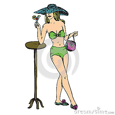 Portrait of girl in hat and green bikini with bag tasting cocktail near table, hand drawn outline doodle Stock Photo