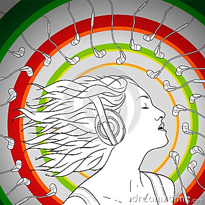 Portrait of a girl with headphones. Vector sketch. Vector Illustration