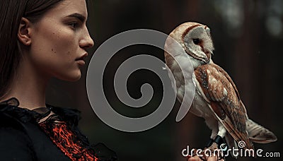 Portrait of girl with owl in hand. Close-up. Stock Photo