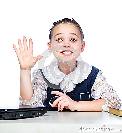 Portrait of a girl sitting at a school desk, school, classroom, Stock Photo