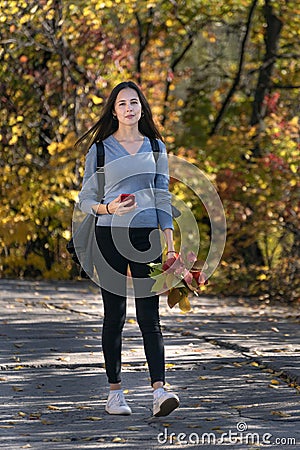 Portrait of girl student walking along the alley of the autumn park. Young beautiful woman with phone. Vertical frame Stock Photo