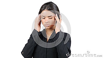 Portrait of Girl touching her head, headache and Sickness Stock Photo