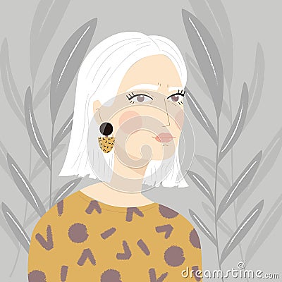 Portrait of a girl with white hair with patterned sweater and earrings, on gray plant background, vector illustration Vector Illustration