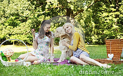 Portrait of the girlfriends hugging friendly dog Stock Photo