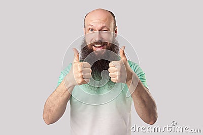 Portrait of glad satisfied middle aged bald man with long beard in green t-shirt standing, thumbs up, winking and toothy smile and Stock Photo