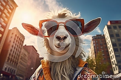 Portrait goat wearing dark sunglasses. Generative AI Stock Photo