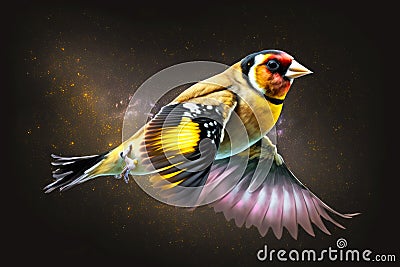 portrait of goldfinch flying in space Cartoon Illustration