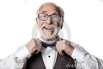 Cheery pensioner smarten himself up Stock Photo