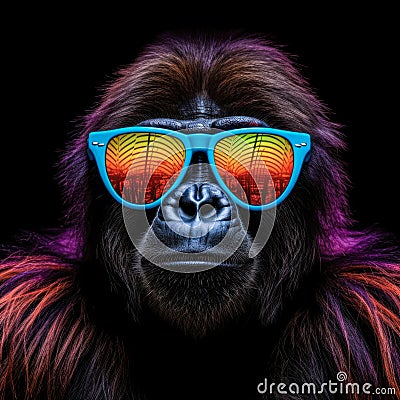 portrait of a gorgeous stylish trendy modern gorilla animal in stylish glasses. Black backgorund. Creative portrait in iridescent Stock Photo