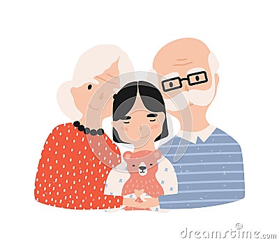 Portrait of grandfather, grandmother and granddaughter. Grandma and grandpa embracing their grandchild. Adorable cartoon Vector Illustration