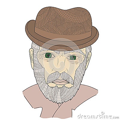 Portrait of grandfather with a mustache Zen Tangle. Aged man in a hat and glasses. Vector Illustration