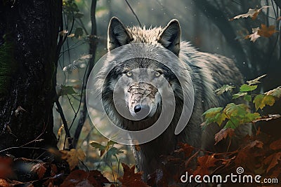 Portrait of Grey Wolf hiding or lurking in the forest hunting for preys, animals wildlife concept, Animal in the jungle, dangerous Stock Photo