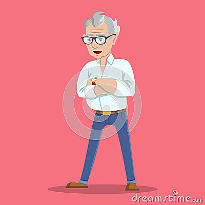 Portrait of grinning trendy elegant hipster grandpa Wealthy flirt trendsetter hipster grandpa dressed in shirt and jeans Vector Illustration