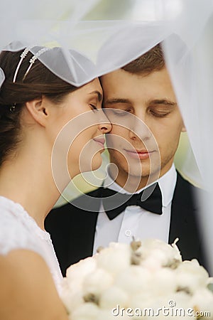 Portrait groom and bride. Wedding day. Just married. Happy couple Stock Photo