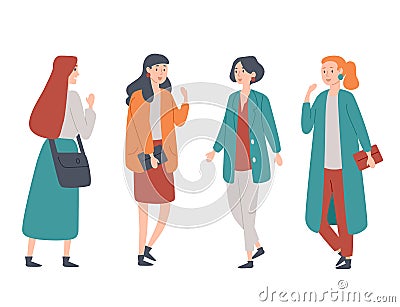 Portrait of a group of four young women standing together Female students, friends, colleagues Vector Illustration