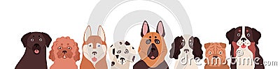 Portrait group of funny dogs different breeds posing together vector flat illustration. Cute colorful domestic animals Vector Illustration