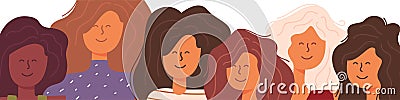 Portrait a group girls different nationalities. Vector Illustration