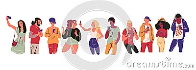 Portrait of group of young teens in stylish clothes with smartphones taking photo, making selfie, texting and surfing in internet Vector Illustration