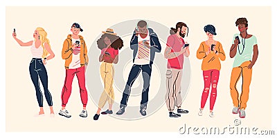 Portrait of group of young teens in stylish clothes with smartphones taking photo, making selfie, texting and surfing in internet Vector Illustration