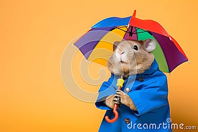 Portrait of a hamster wearing a raincoat and an umbrella in studio, colorful background. Autumn concept. Generative AI Stock Photo